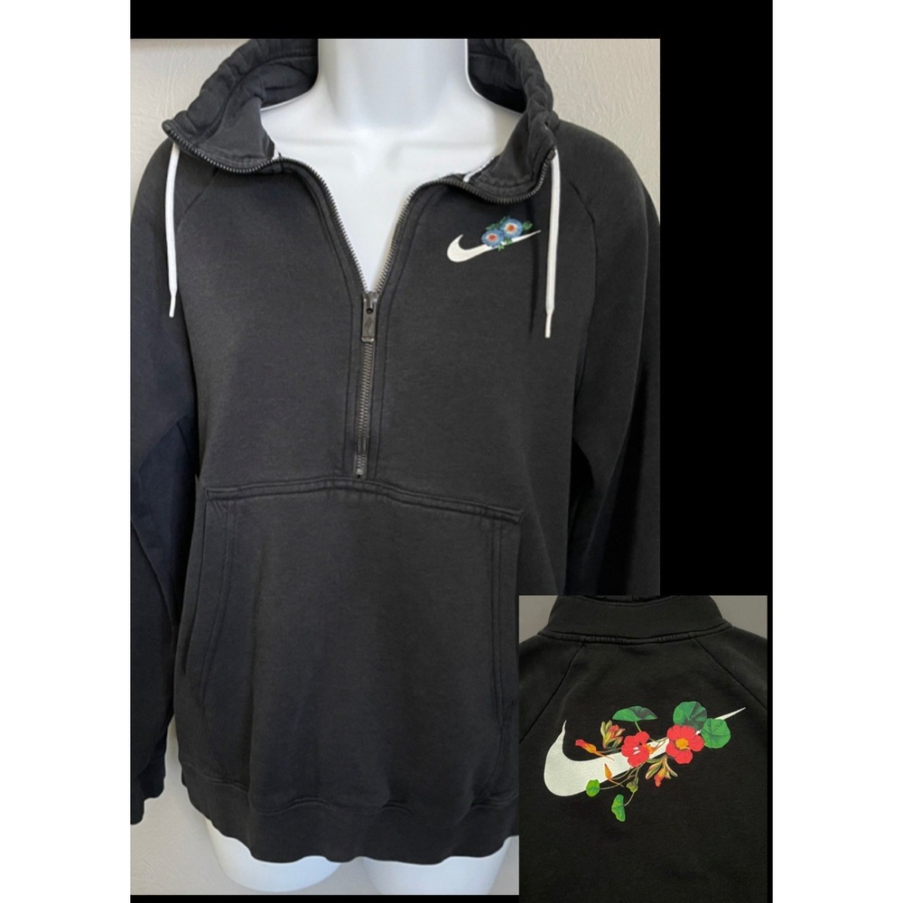 Nike 1/2 Zip Pullover Sweater Tropical Floral Swoosh Womens Medium Black Cropped